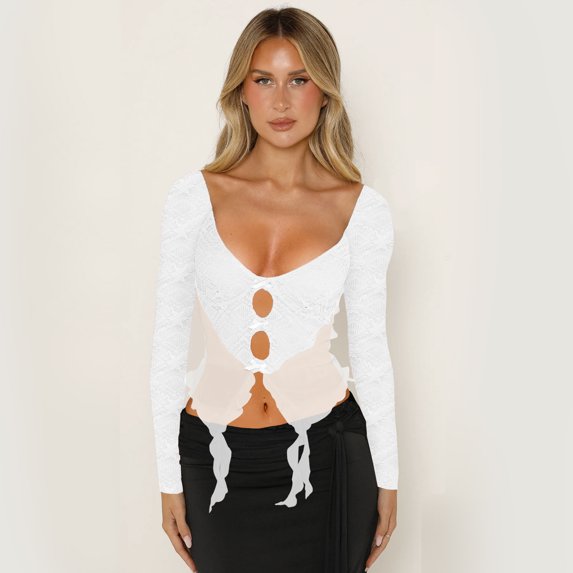 Yunliwuli Women's Lace Crop Tops Long Sleeve V Neck Little Bow Front Slim Fit T-Shirts Dressy Blouses
