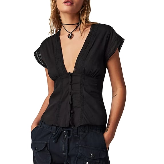 Yunliwuli Women’s Lace Patchwork Tank Tops Sleeveless Deep V Neck Button Down Shirts Summer Vest