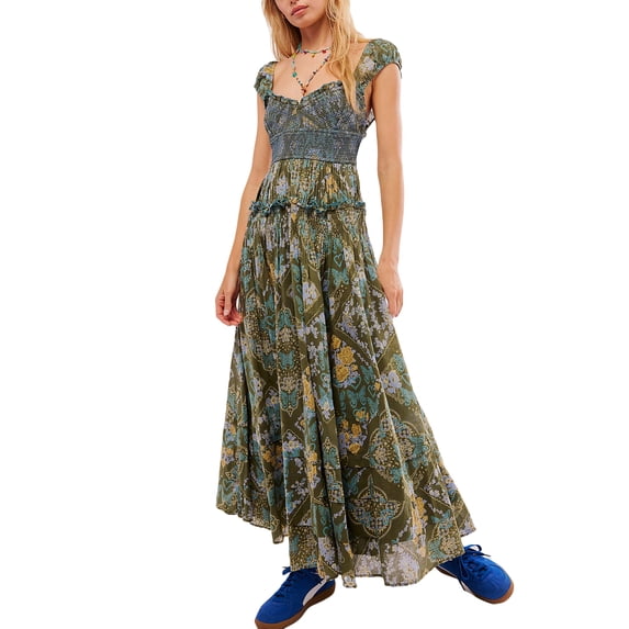 Yunliwuli Women's Long Dress Vintage Fashion Print Sweetheart Neck Cap Sleeve Smocked Waist A-Line Layered Dress for Party Club