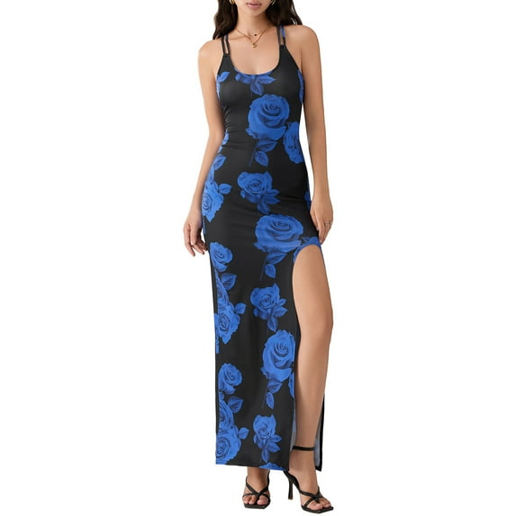Yunliwuli Women's Long Slim Cami Dress Sleeveless Open Back High Split Floral Print Dresses