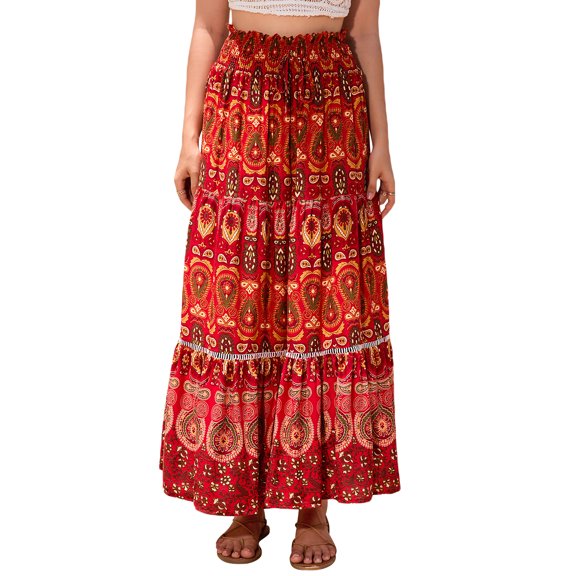 Yunliwuli Women's Long Swing Skirt Boho Style Fashion Print Elastic Waist A-Line Ruffle Skirt for Party Club