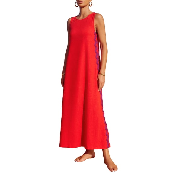Yunliwuli Women's Midi Tank Dress Loose Side Ric Rac Split Round Neck Sleeveless Casual Dress for Summer