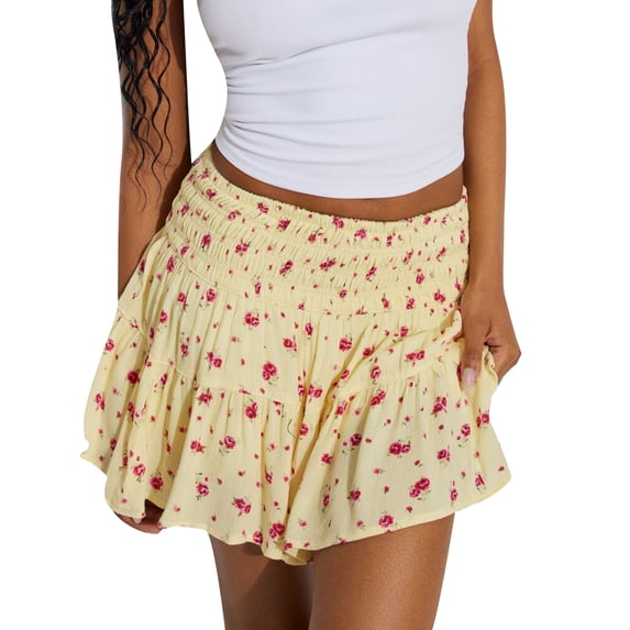 Yunliwuli Women's Mini Skirt Shirred Floral Print Elastic Waist A-Line Tiered Ruffled Hem Skirt for Party Club