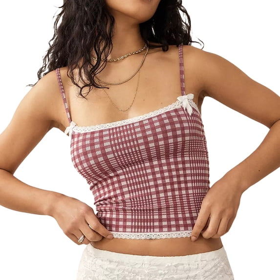 Yunliwuli Women's Plaid Crop Cami Tops Sleeveless Tiny Bow Front Camisole Lace Trim Tank Tops
