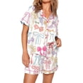 thumbnail image 1 of Yunliwuli Women's Satin Pajama Set, Lapel Neck Button Down Short Sleeve Tops + Elastic Waist Shorts 2 Pieces Lounge Sleepwear Set, 1 of 6
