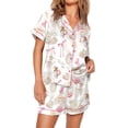 thumbnail image 1 of Yunliwuli Women's Satin Pajama Set, Lapel Neck Button Down Short Sleeve Tops + Elastic Waist Shorts 2 Pieces Lounge Sleepwear Set, 1 of 6