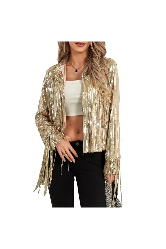 Women's Sequin Party Jackets Sparkly Long Sleeve Open Front Tassel Jackets Blazers Clubwear