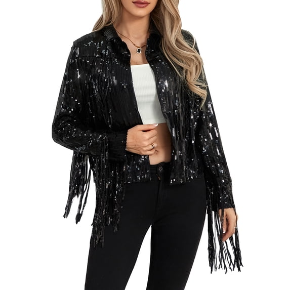 Yunliwuli Women's Sequin Party Jackets Sparkly Long Sleeve Open Front Tassel Jackets Blazers Clubwear