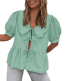thumbnail image 1 of Yunliwuli Women's Striped Babydoll Tops Loose Doll Collar Short Sleeve Open Front Tie-Up Ruffle Shirt for Summer, 1 of 6