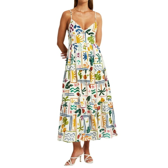 Yunliwuli Women's Summer Cami Dress Palm Leaves Print Sleeveless Spaghetti Strap V-Neck Long A-Line Dress
