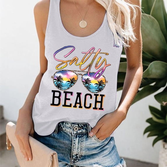 Yunliwuli Women's Summer Casual Tank Tops Sleeveless Scoop Neck Letter Sunglasses Print Beach Vest