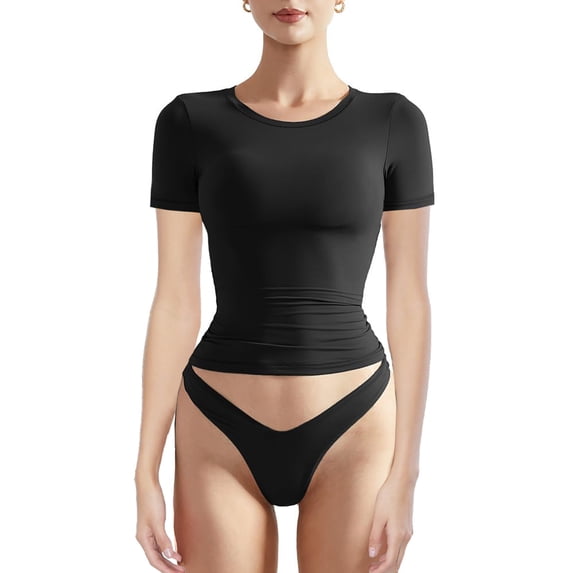 Yunliwuli Women´s Summer Crop Tee Solid Color Short Sleeve Round Neck Tops Slim Fit Streetwear