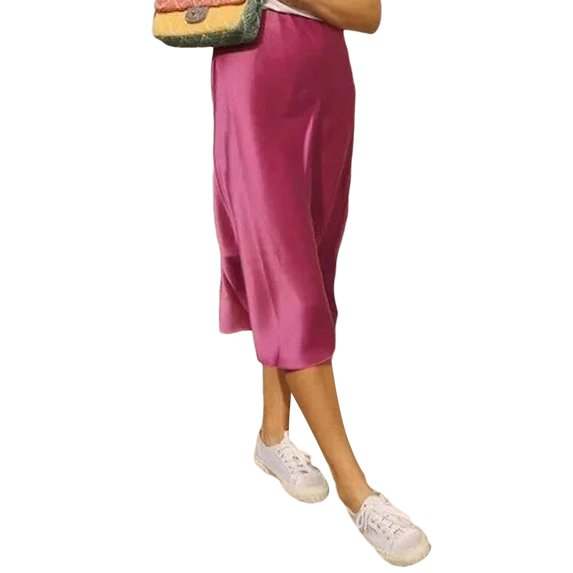 Yunliwuli Women's Summer High Waist Skirt Solid Color Long Satin Skirt for Travel, Beach, Shopping