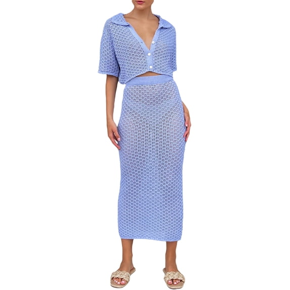 Yunliwuli Women’s Two Piece Summer Outfits, Short Sleeve Knit Button Crop Tops and Long Skirt Set