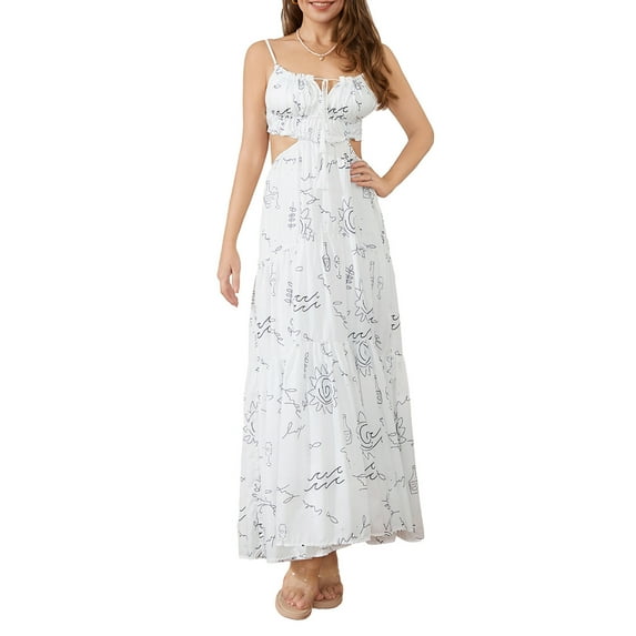 Yunliwuli Womenacute;s Summer Slip Dress Graphic Print Spaghetti Strap Back Tie A-Line Long Dress for Beach