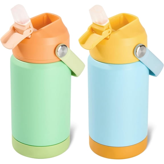 Yunmu Furniture 12oz Kids Water Bottle 2 Pack, Stainless Steel Insulated Water Bottle Bulk, Toddler Cups with Straws Leak-Proof, Kids Water Bottles, 2 Piece Set Ocean Couple