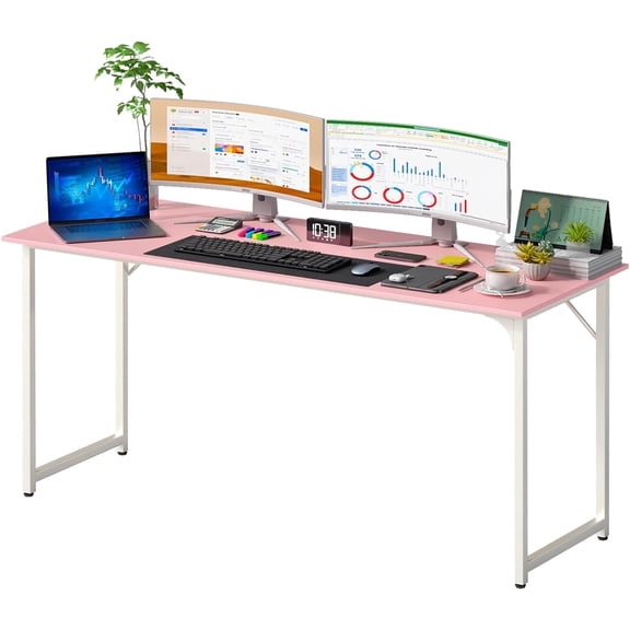 Yunmu Furniture | 55 Inch Computer Desk | Pink | Sturdy Office Desk | Metal Frame, Adjustable Feet | Water-Resistant, Scratchproof Surface | Writing Table for Home Office or Study | Pack of 1