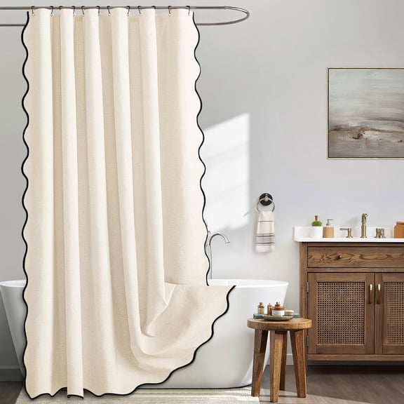 Yunmu Furniture 72"x96" Extra Long Scalloped Linen Shower Curtain Cream White | Linen Textured, Waterproof, Washable, 12 Metal Hooks, Heavy Duty Cloth, Black Border, Shower Curtain