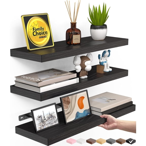 Yunmu Furniture Black Floating Shelves 15.7in, Set of 3, Wall Mount Rustic Wood Shelf | Easy Install, Space Saving, Hidden Bracket, Wall Shelving for Lego Plant Dorm Laundry Display