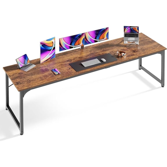 Yunmu Furniture Computer Desk, 86.6 Inch Home Office Desk | Gaming Writing Work from Home Study Desk, Large Legroom, Sturdy Metal Frame, Modern Simple, Rustic Brown