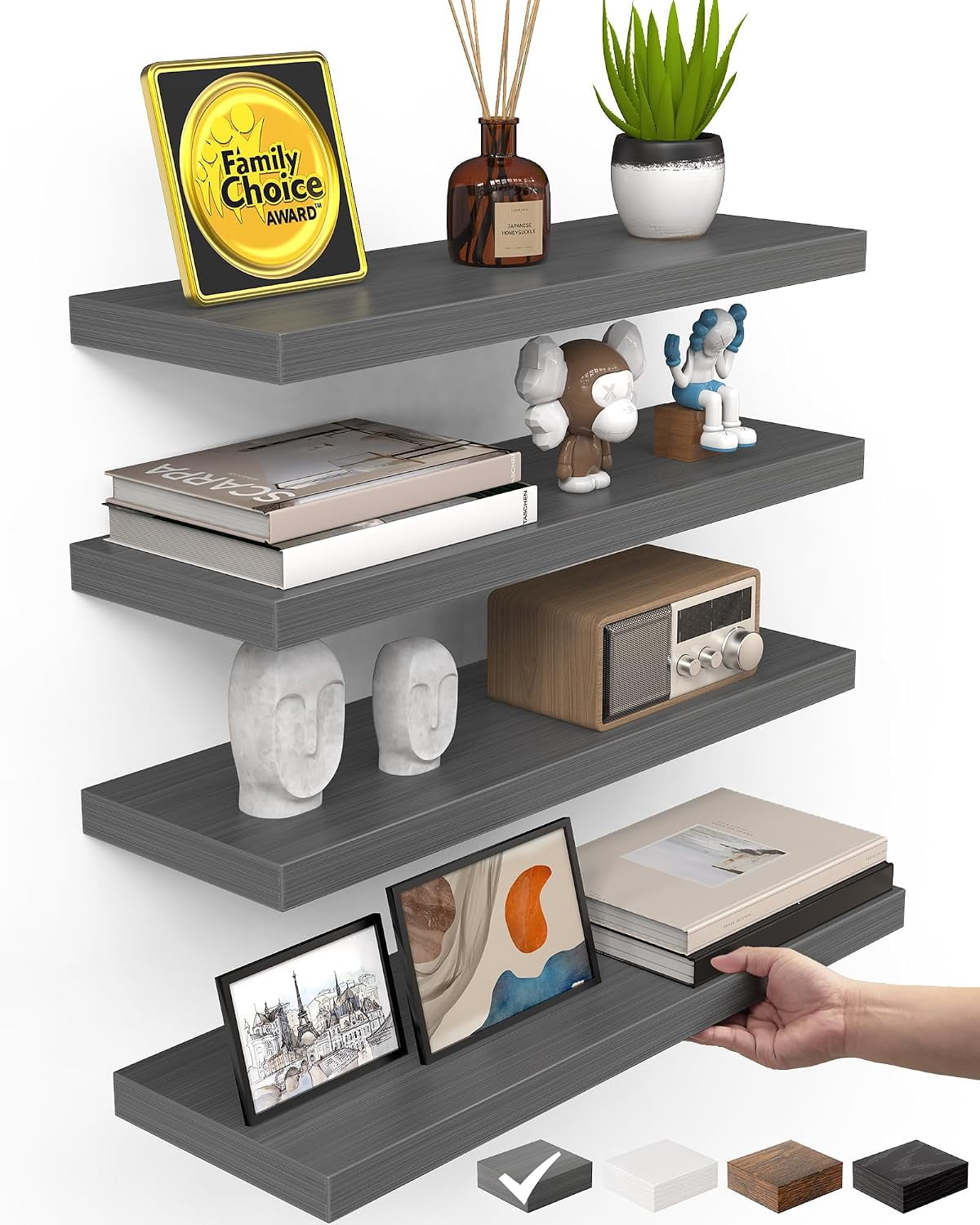 Yunmu Furniture Gray Floating Shelves 15.7in, Set of 4, Wall Mount