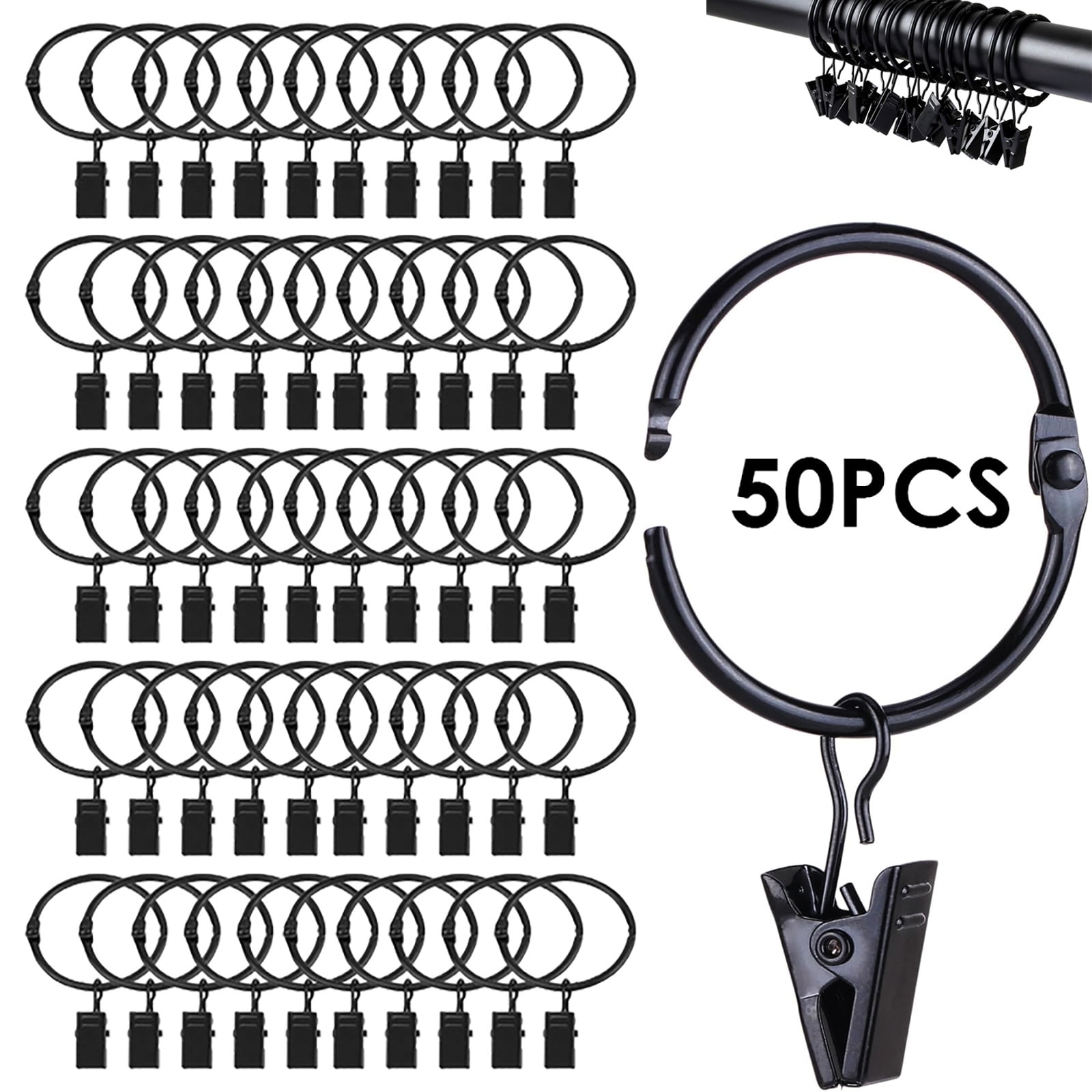 50-Pack Openable Metal Curtain Rings with Clip Hooks for Tension Rod ...