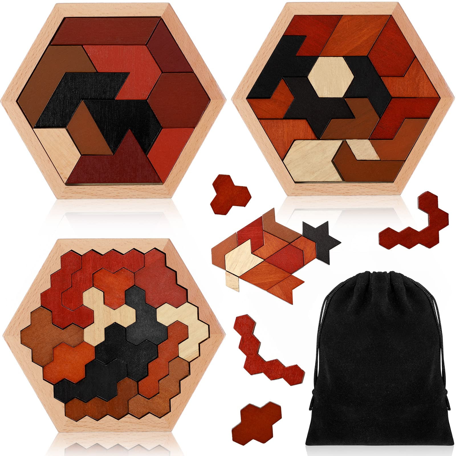 Yunsailing 3 Pack Hexagon MSF2 Tangram Puzzles Wooden Brain Puzzles for ...