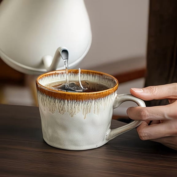 Yunsu Retro Brown V-Shaped Ceramic Coffee Cup 13.53oz Ripple Design Mug for Coffee Tea Hot Cocoa - Unique Gift Idea for Friends Family