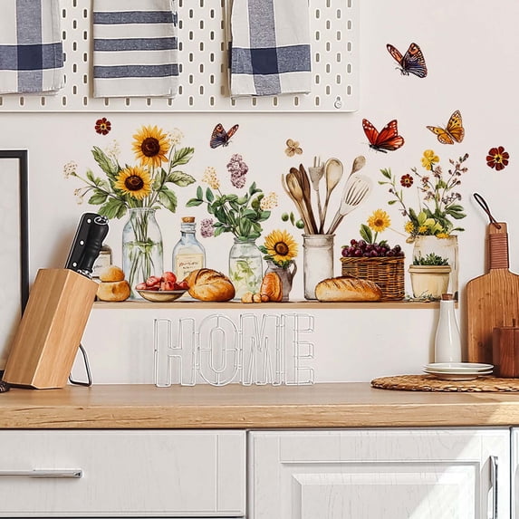 1 Packs Sunflower Spoon Kitchen Wall Sticker, Vinyl Decorative Art, Easy Peel and Stick for Home Kitchen Dining Room Wall Decor, Removable Wallpaper Decal