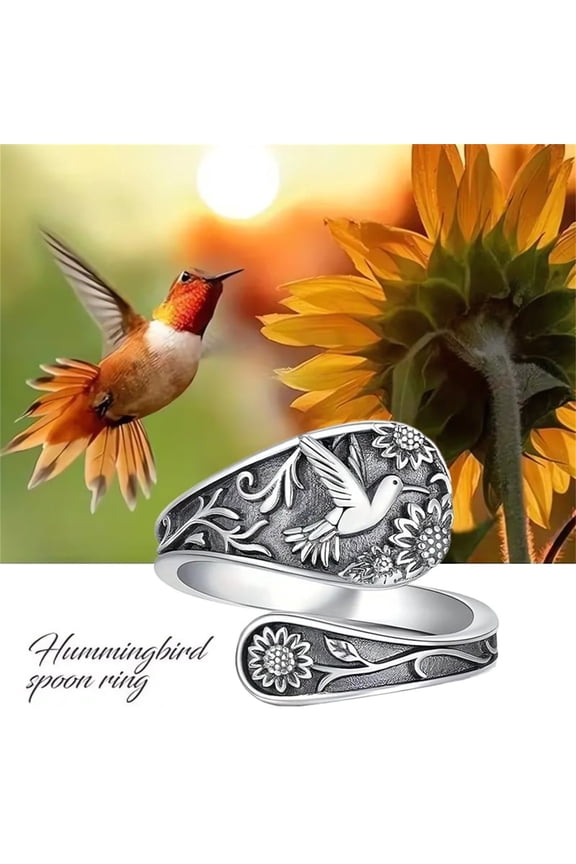 1 Packs Vintage Spoon Ring Hummingbird Jewelry, Adjustable Open Band Floral Nature Inspired Gift for Women, Hypoallergenic Polished Boho Stackable Ring