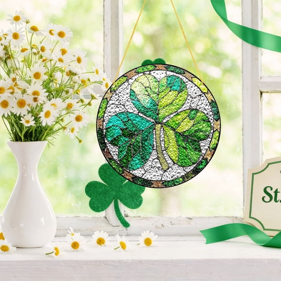 Yunuuuoa 2 Packs Irish Shamrock Suncatcher Ornament Window Hanging Decor for Home Indoor Outdoor Stained Glass Style Light Reflection Holiday Festival Spring Decoration
