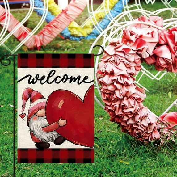 Yunuuuoa 2 Packs Valentine's Day Garden Flag Double-Sided Linen Banner, Heart Pattern Outdoor Patio Decor for Farmhouse Porch Yard Decoration, Durable Reversible Welcome Flag