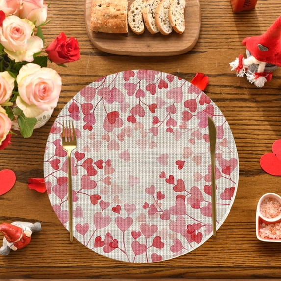 Yunuuuoa 2 Packs Valentine's Day Placemats Set Round Heart-Shaped Anniversary Wedding Table Decor Heat Insulation Wrinkle Resistant Linen Washable Dining Room Restaurant Party Romantic Celebration