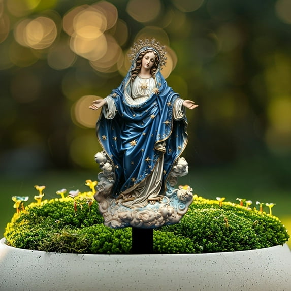 Yunuuuoa 2D Virgin Mary Garden Statue Outdoor Indoor Religious Decor Resin Floor Stake with Crown and Gold Star Robe for Patio Yard Church Home Decoration