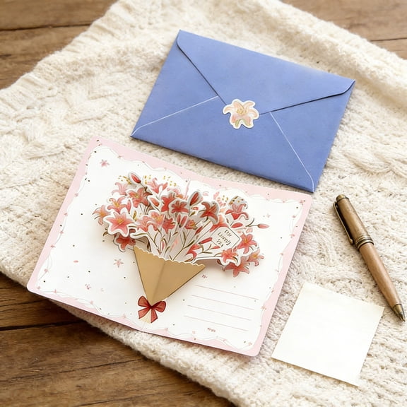 Yunuuuoa 3D Up Bouquet Greeting Card for Mother's Day Birthday Wedding Anniversary Thank You Love Expression Card with Envelope and Sticker Floral Design Handmade Style