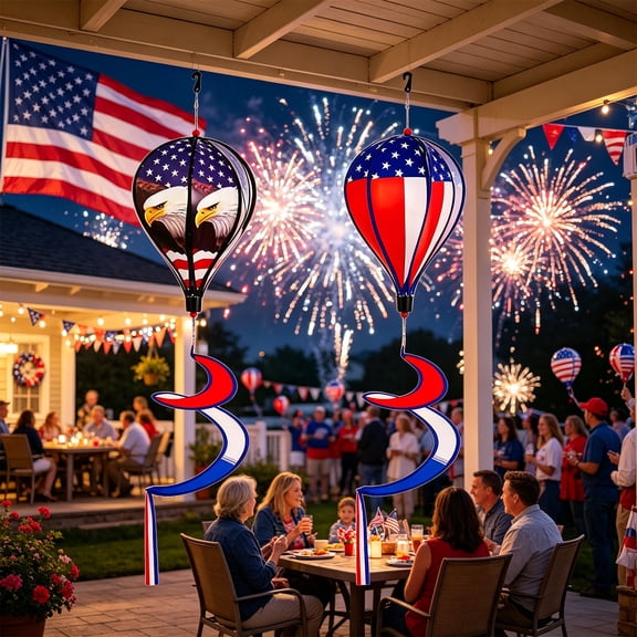 Yunuuuoa 43-Inch Patriotic American Flag & Eagle Hot Air Balloon Wind Spinner Twister, Outdoor Hanging Windmill Decor for Garden Lawn Yard, Fourth of July, Memorial Day, and Veterans Day Decorations