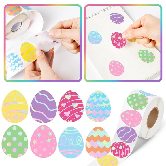Yunuuuoa 5 Packs Easter Stickers Roll Glitter Egg Doodle Art, Waterproof Reusable Adhesive Stickers for Holiday Party Decor, Gift Wrapping, Creative Craft Supplies