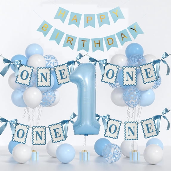 First Birthday Party Decorations Banner Set with Customizable Letters and Bows for Celebration Backdrop, Fabric Pull Up Banners for Anniversary Events