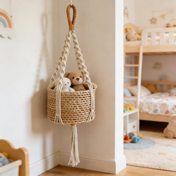 Yunuuuoa Hand Woven Macrame Hanging Storage Net Bag with Tassels for Home Decor, Bohemian Style Wall Basket Organizer for Bedroom, Living Room, Plant Holder, Gift Basket, Laundry and Toy Storage