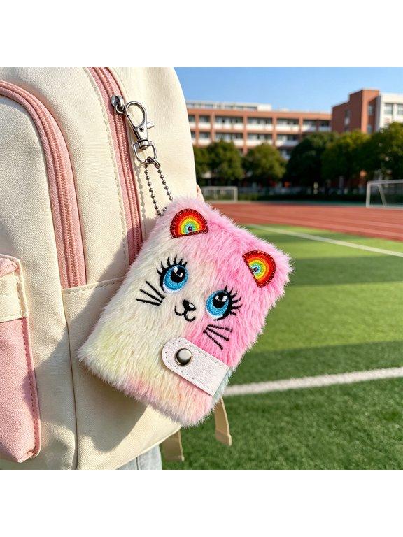 Kawaii Plush Cat Notebook Journal, Mini Fluffy Diary with Keychain for Girls, Portable Writing Pad for Backpack School Gift(4.7*3.5 In)
