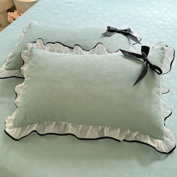 Lace Ruffle Pillowcases Set of 2, Elegant Rose Print Bedding, Soft Brushed Polyester Pillow Covers for Master Bedroom, Guest Room, Hotel Decor, Breathable and Machine Washable