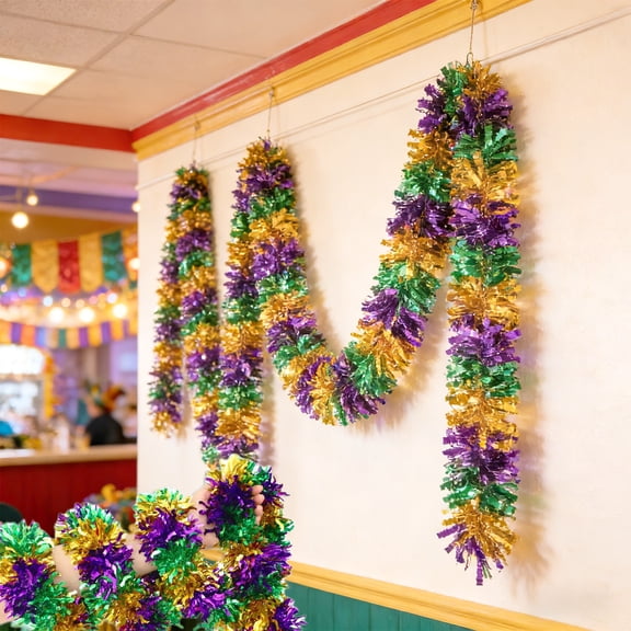 Yunuuuoa Mardi Gras Garland Curly Ribbon Decorations, 5-Layer Thick Sparkling Curling Tinsel for Party Home Decor, Christmas Tree Wedding Festival Mantle Backdrop Decoration