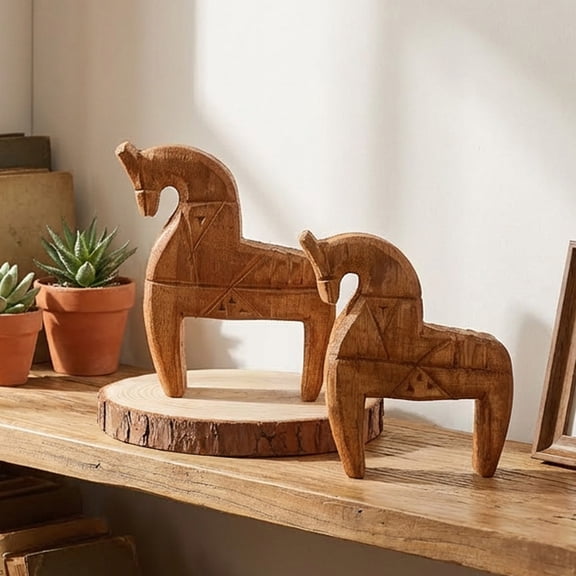 Nordic Style Wooden Rocking Horse Tabletop Decor Handcrafted Pine Wood Home Decoration Rustic Cabin Country Farmhouse Decor for Living Room Bedroom Shelf Desk Mantel