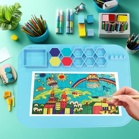 Yunuuuoa Reusable Silicone Art Mat with Storage & Color Palette, Washable Drawing Board for Painting, DIY Crafts, Mess-Free Creative Activity Pad, Portable Artist Studio Essential