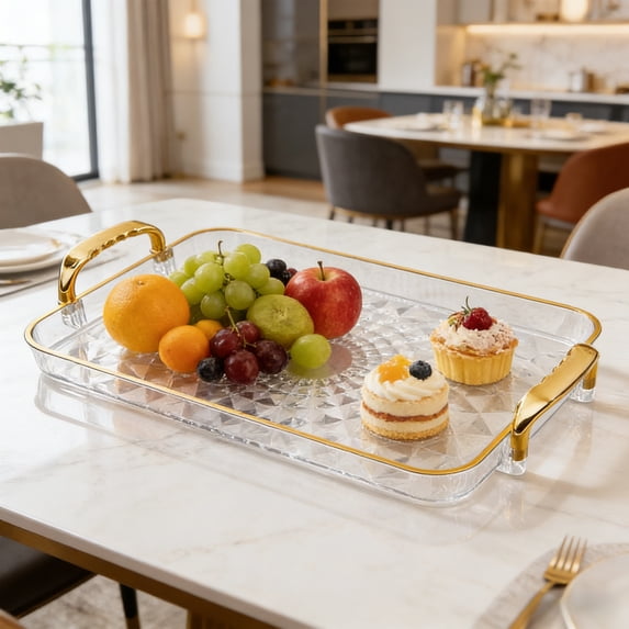 Yunuuuoa Snack Tray with Handles for Living Room Coffee Table, Food Grade PVC Serving Platter for Fruit Dessert Party, Armrests Storage Organizer for Teacups and Snacks, Clear Gold Accent