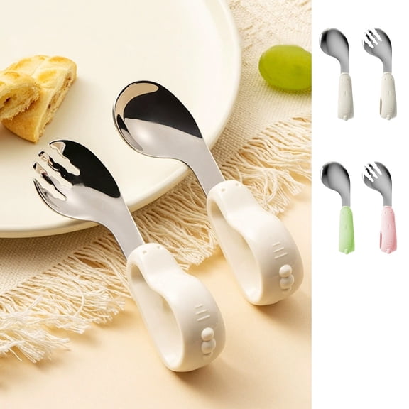 Yunuuuoa Stainless Steel Complementary Food Spoon Fork Set, Self Feeding Utensils for One Year Old, Short Handle Spork Training Flatware