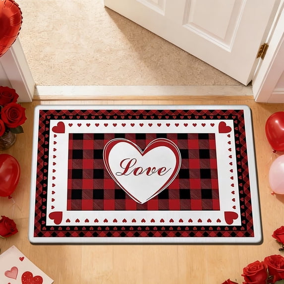 Yunuuuoa Valentine's Day Heart Doormat Romantic Festive Entryway Mat Non-Slip Bathroom Rug Durable Velvet Decor Sproof Washable Floor Mat for Home Decor
