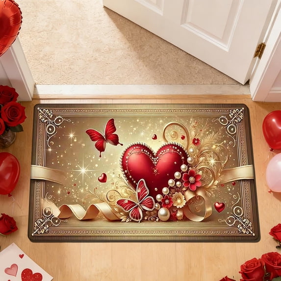 Yunuuuoa Valentine's Day Heart Doormat Romantic Festive Entryway Mat Non-Slip Bathroom Rug Durable Velvet Decor Sproof Washable Floor Mat for Home Decor
