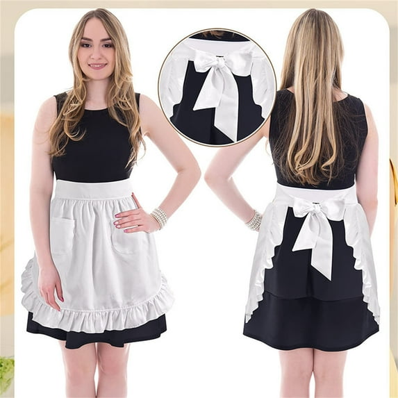 Yunuuuoa Vintage Maid Apron with Pockets, Ruffle Trim Half Waist Servant Uniform for Waitress Role Play, Halloween Costume Party, Polyester Washable Kitchen Attire
