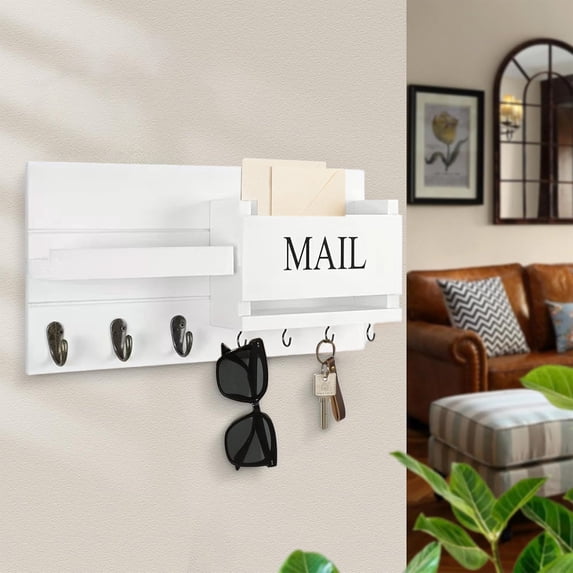 Yunuuuoa Wall Mounted Key Holder Organizer with Mail Shelf, Wooden Entryway Coat Rack for Hats and Keys, Home Entry Storage Hanger with Hooks for Living Room Hallway